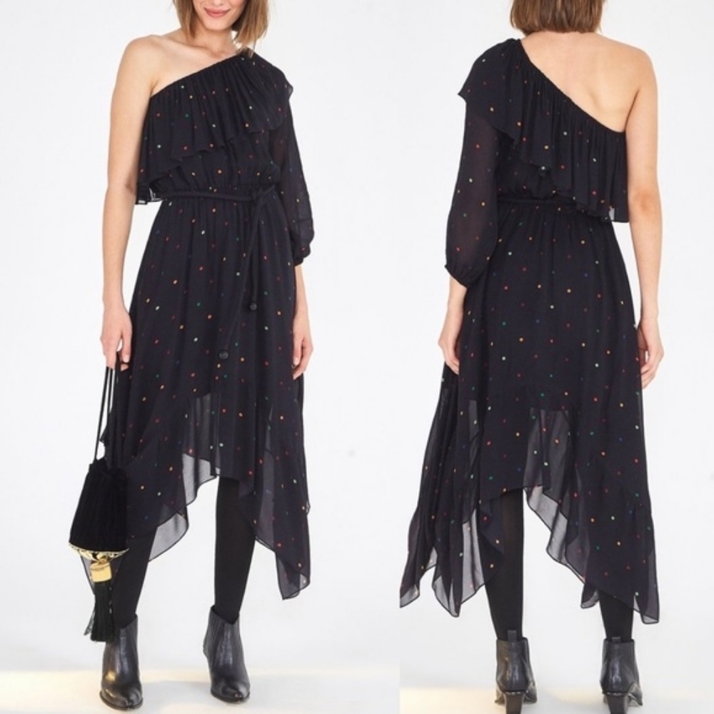 NWT Farm Rio Black Dots One Shoulder Midi Dress